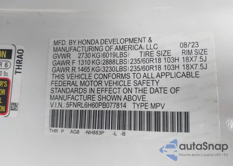 2023 Honda Odyssey Ex-L z USA, uszkodzony, nr VIN 5FNRL6H60PB077814